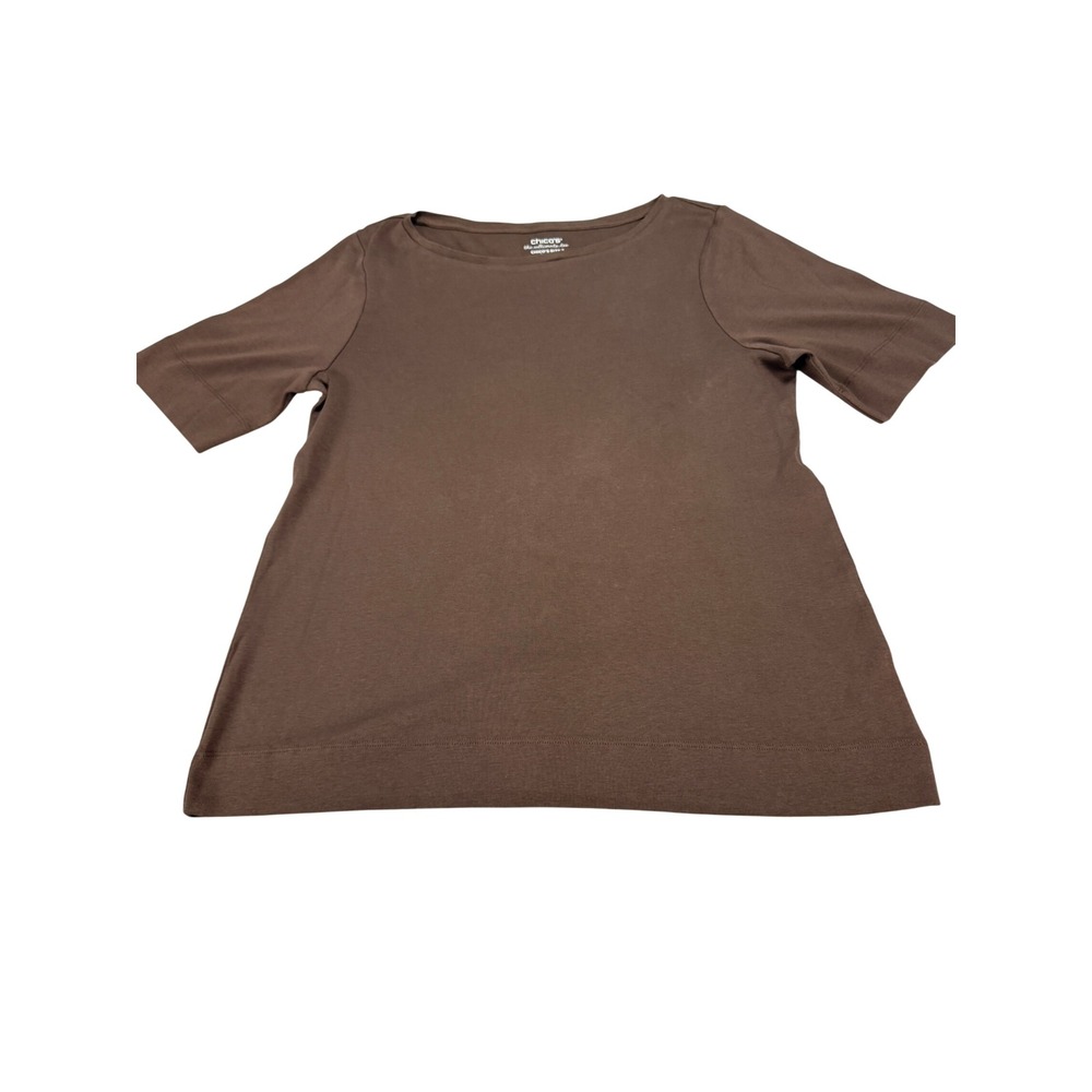 Chicos The Ultimate Tee Brown Pima Cotton Boat Neck‎ Short Sleeve Top Size 2 L
